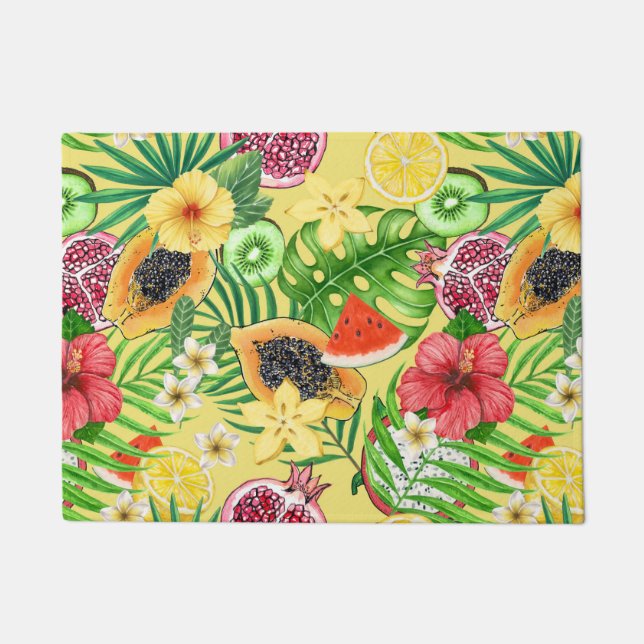 Tropical mix-fruit, flowers and leaves on yellow doormat (Front)