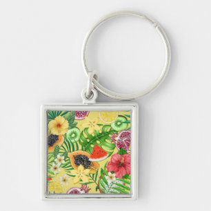 Tropical mix-fruit, flowers and leaves on yellow key ring