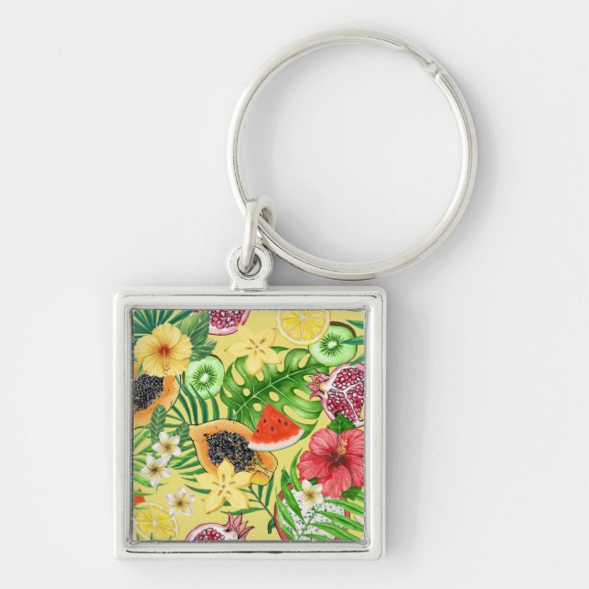 Tropical mix-fruit, flowers and leaves on yellow key ring (Front)