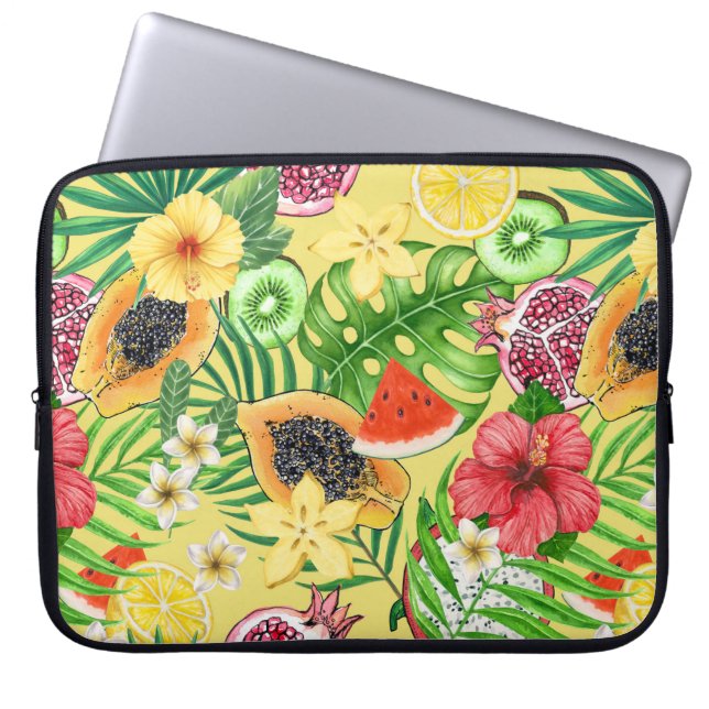 Tropical mix-fruit, flowers and leaves on yellow laptop sleeve (Front)