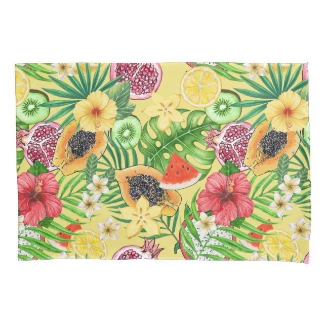 Tropical mix-fruit, flowers and leaves on yellow pillowcase (Front-Left)