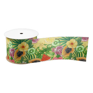 Tropical mix-fruit, flowers and leaves on yellow satin ribbon