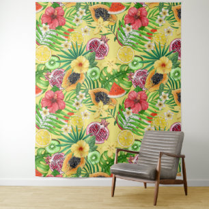 Tropical mix-fruit, flowers and leaves on yellow tapestry