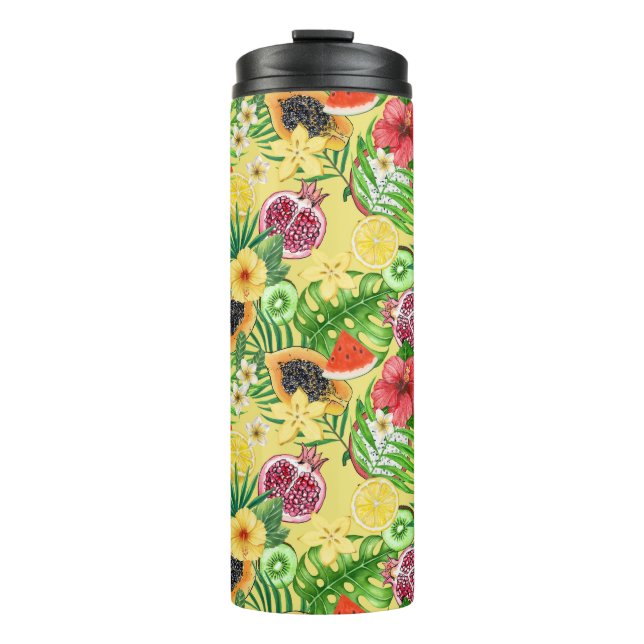 Tropical mix-fruit, flowers and leaves on yellow thermal tumbler (Front)