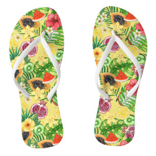 Tropical mix-fruit, flowers and leaves on yellow thongs