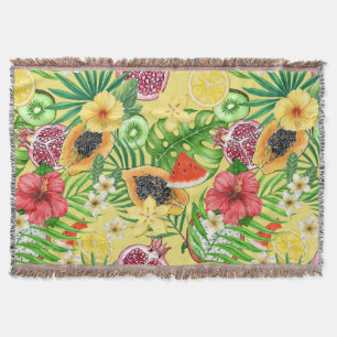 Tropical mix-fruit, flowers and leaves on yellow throw blanket