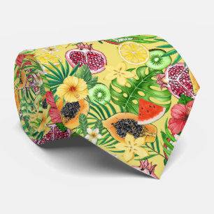 Tropical mix-fruit, flowers and leaves on yellow tie