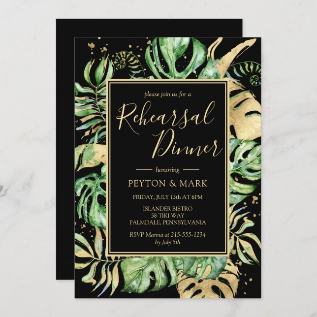 Tropical Modern Black & Gold Rehearsal Dinner Invitation (Front/Back)