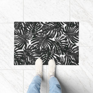 Tropical Modern Black White Palm Leaves Pattern Doormat