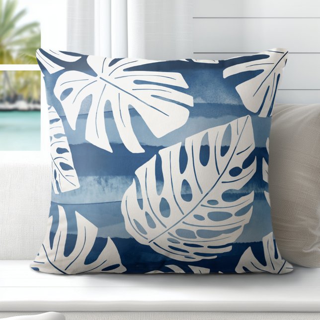 Tropical Modern Blue White Palm Leaves Cushion (Elevate Your Décor: Discover our Elegant Coastal Throw Pillows in Blue & White)