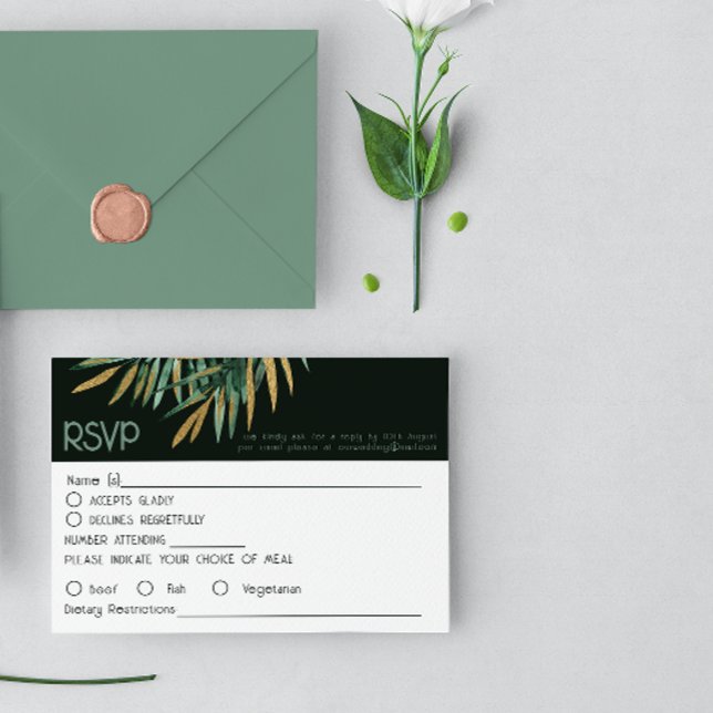 Tropical modern Palm dusty green Wedding RSVP Card (Creator Uploaded)