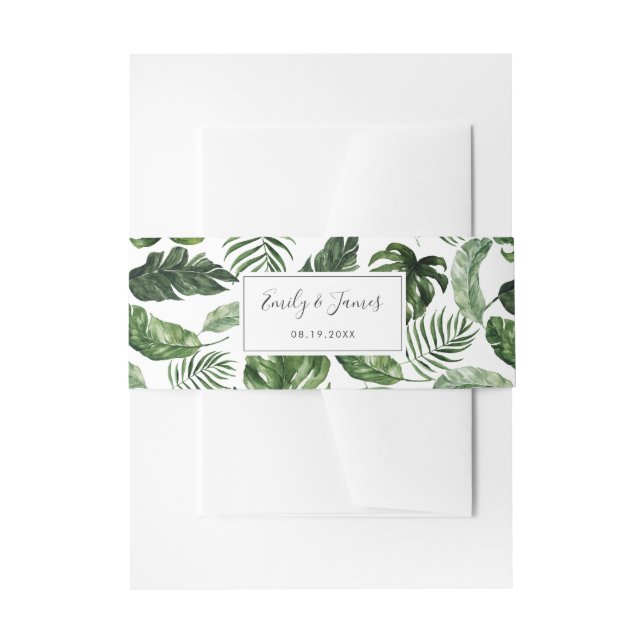 Tropical Modern Palm Philodendron Leaf Typography Invitation Belly Band (Front Example)