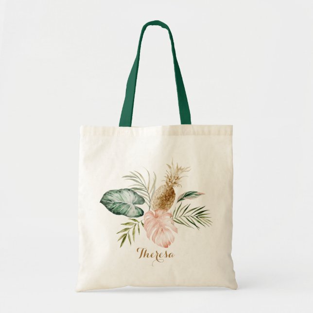Tropical Modern Palm Pineapple Blush Personalised Tote Bag (Front)