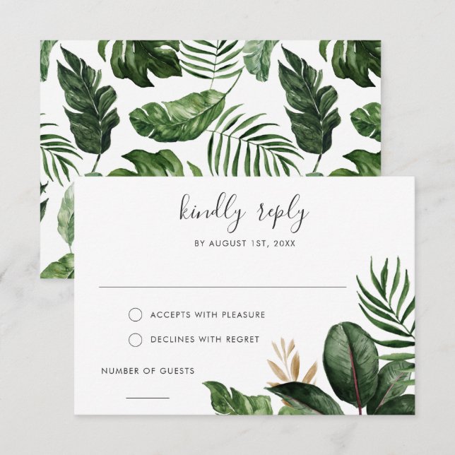 Tropical Modern Palm Rubber Tree Gold Leaf RSVP Invitation (Front/Back)