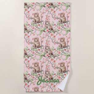 Tropical Monkey   Pink Personalised Beach Towel