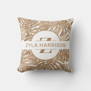 Tropical Monogram Boho Brown White Palm Leaves Cushion