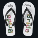 Tropical Monogram Bride Thongs<br><div class="desc">Celebrate your upcoming wedding with these bright tropical floral bride flip flops. 
Perfect on your wedding day when getting ready with your wedding party.
Bright pink,  green and yellow flowers texturise the inside of the font. Personalise with your name.
Matching wedding party items available.</div>