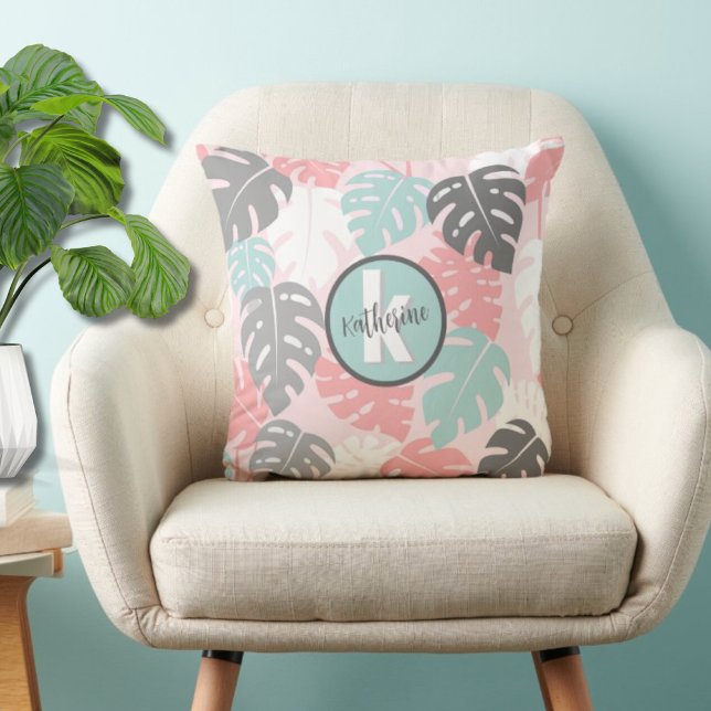 Tropical Monogram Inital Cushion (Modern Monogram Pink Monstera Leaf Throw Pillow)