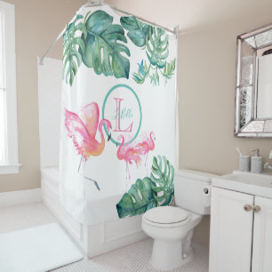 Tropical Monogram Pink Flamingo Shower Curtain