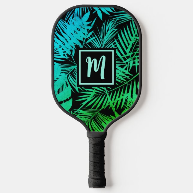 Tropical Monogram Turquoise Green Ombre Palm Leaf Pickleball Paddle (Front)