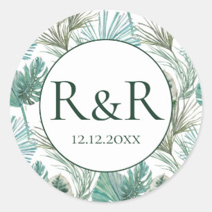 Tropical Monogram Wedding Classic Round Sticker