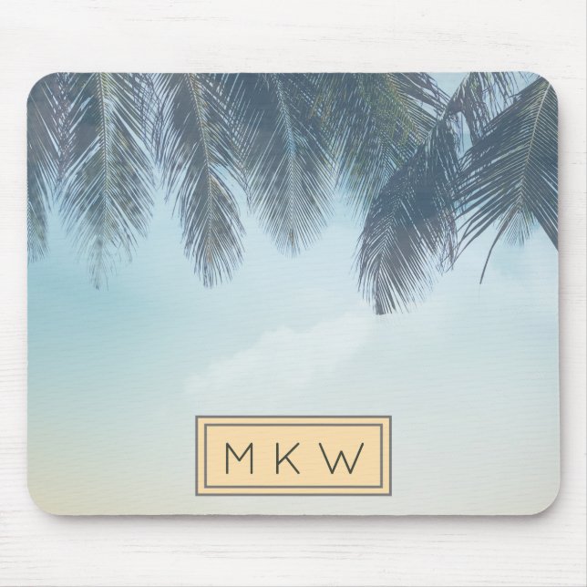 Tropical Monogrammed Palm Leaves Clouds Mouse Pad (Front)