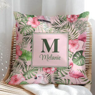 Tropical Monstera and Flamingo Monogram Cushion