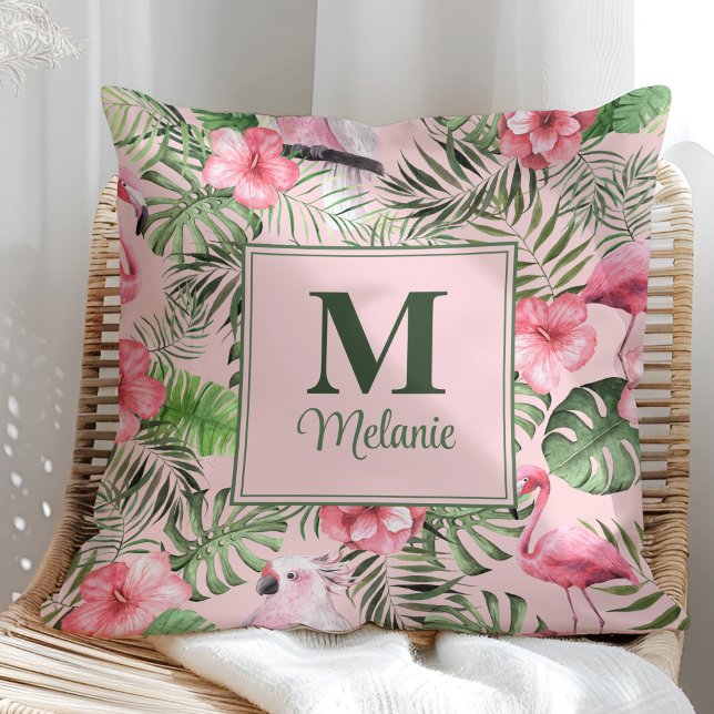 Tropical Monstera and Flamingo Monogram Cushion (Tropical Monstera and Flamingo Monogram Throw Pillow in a sunny rattan armchair.)