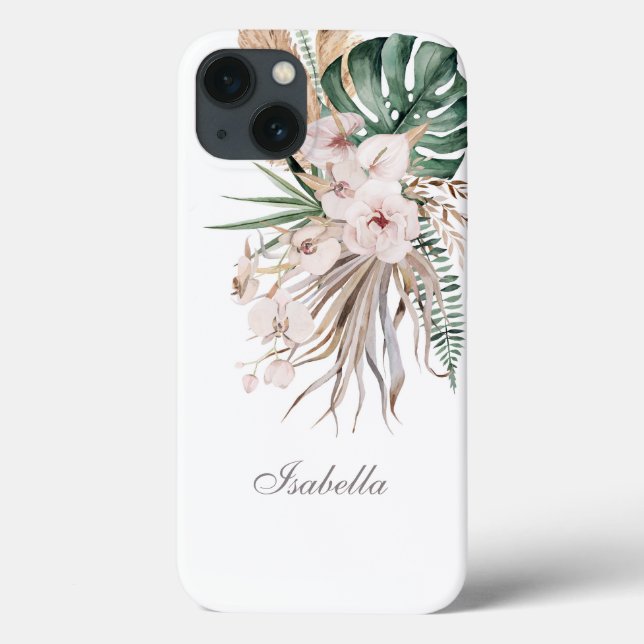 Tropical Monstera and Orchid Custom Name Case-Mate iPhone Case (Back)
