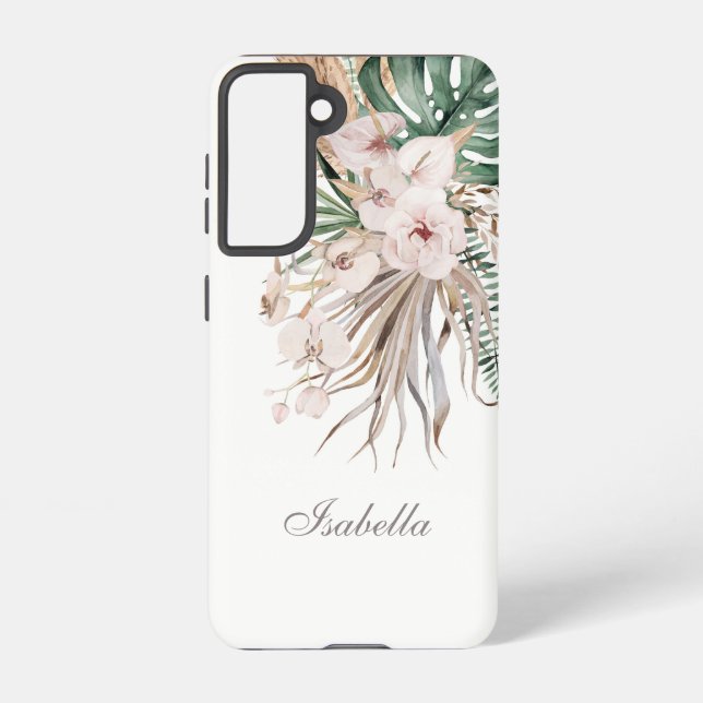 Tropical Monstera and Orchid Custom Name Samsung Galaxy S21 Case (Back)