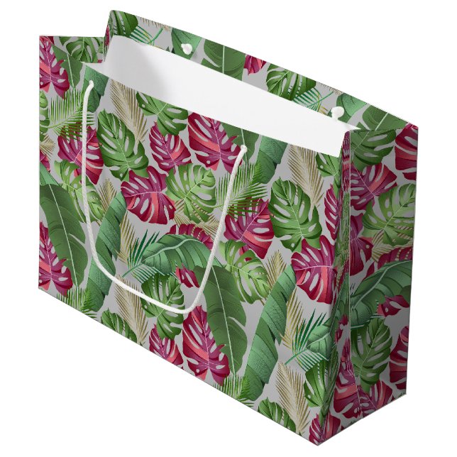 Tropical Monstera and Palm Leaves Large Gift Bag (Front Angled)