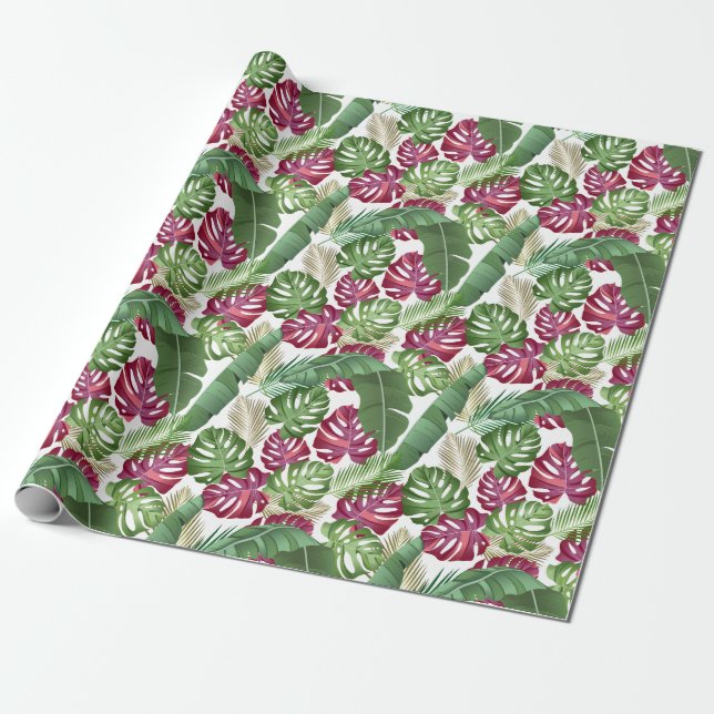 Tropical Monstera and Palm Leaves Wrapping Paper (Unrolled)