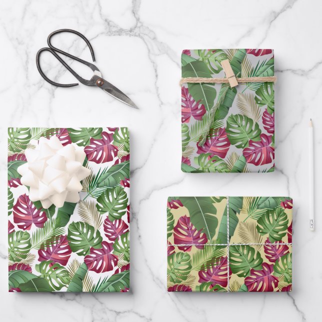 Tropical Monstera and Palm Leaves Wrapping Paper Sheet (Front)
