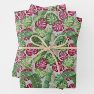 Tropical Monstera and Palm Leaves Wrapping Paper Sheet