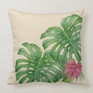 Tropical Monstera & Anthurium Jungle Throw Pillow