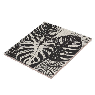 Tropical Monstera art black and white Ceramic Tile