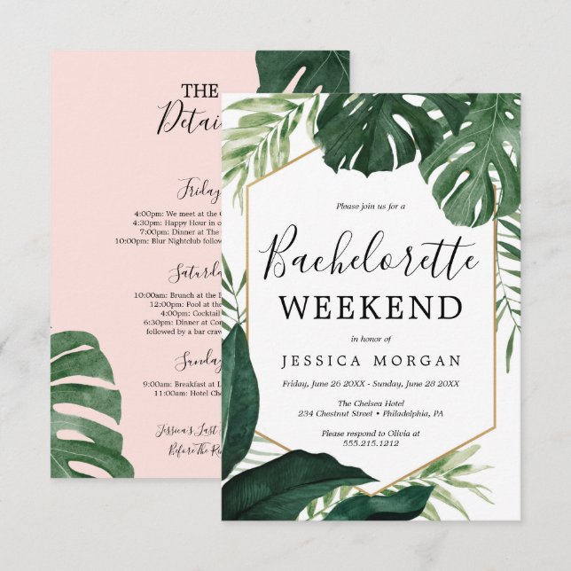 Tropical Monstera Bachelorette Party Invite Card (Front/Back)