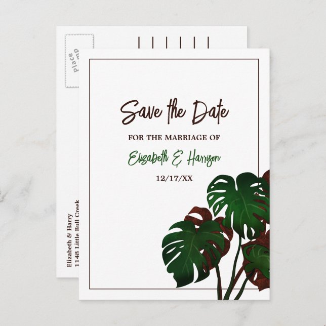 Tropical Monstera Beach Wedding Save the Date Announcement Postcard (Front/Back)
