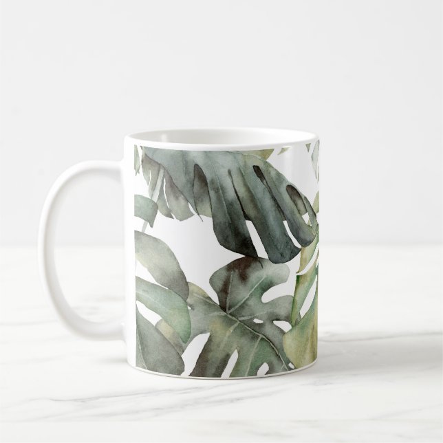 Tropical Monstera Big Watercolor Pattern Coffee Mug (Left)