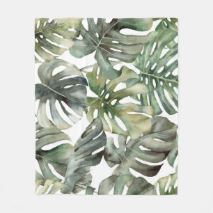 Tropical Monstera Big Watercolor Pattern Fleece Blanket