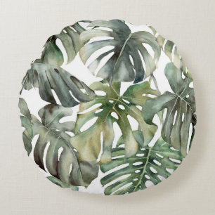 Tropical Monstera Big Watercolor Pattern Round Cushion