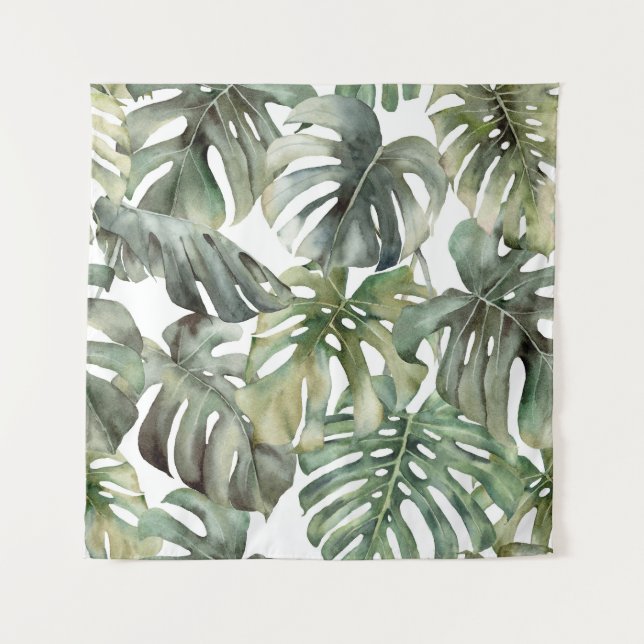 Tropical Monstera Big Watercolor Pattern Tapestry (Front)