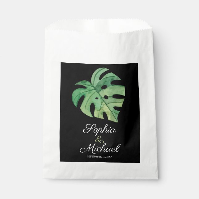 Tropical Monstera Black Wedding Favour Bag (Front)