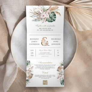 Tropical Monstera Boho Pampas QR Code Wedding Tri-Fold Invitation