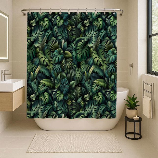 Tropical Monstera Botanical Green Jungle Shower Cu Curtain (Shower Curtain)