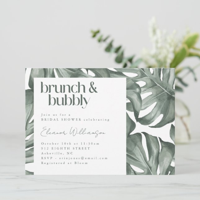 Tropical Monstera Brunch Bubbly Bridal Shower Invitation (Standing Front)