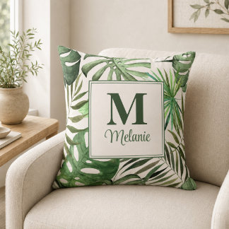 Tropical Monstera Custom Name and Initial Cushion
