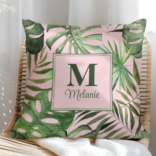 Tropical Monstera Custom Name and Initial Cushion