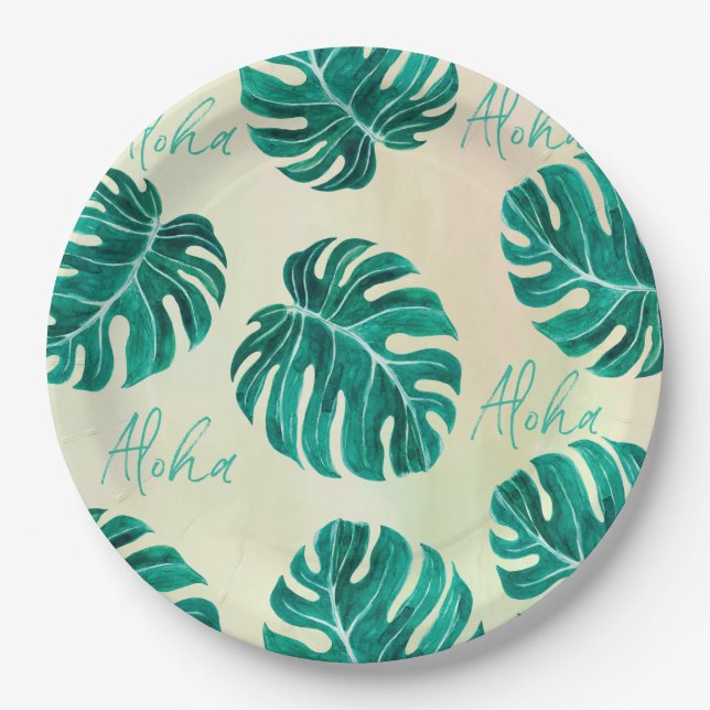 Tropical monstera emerald green palm leaves aloha paper plate (Front)