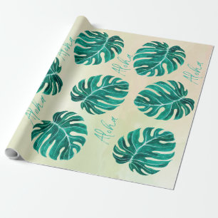 Tropical monstera emerald green palm leaves aloha wrapping paper